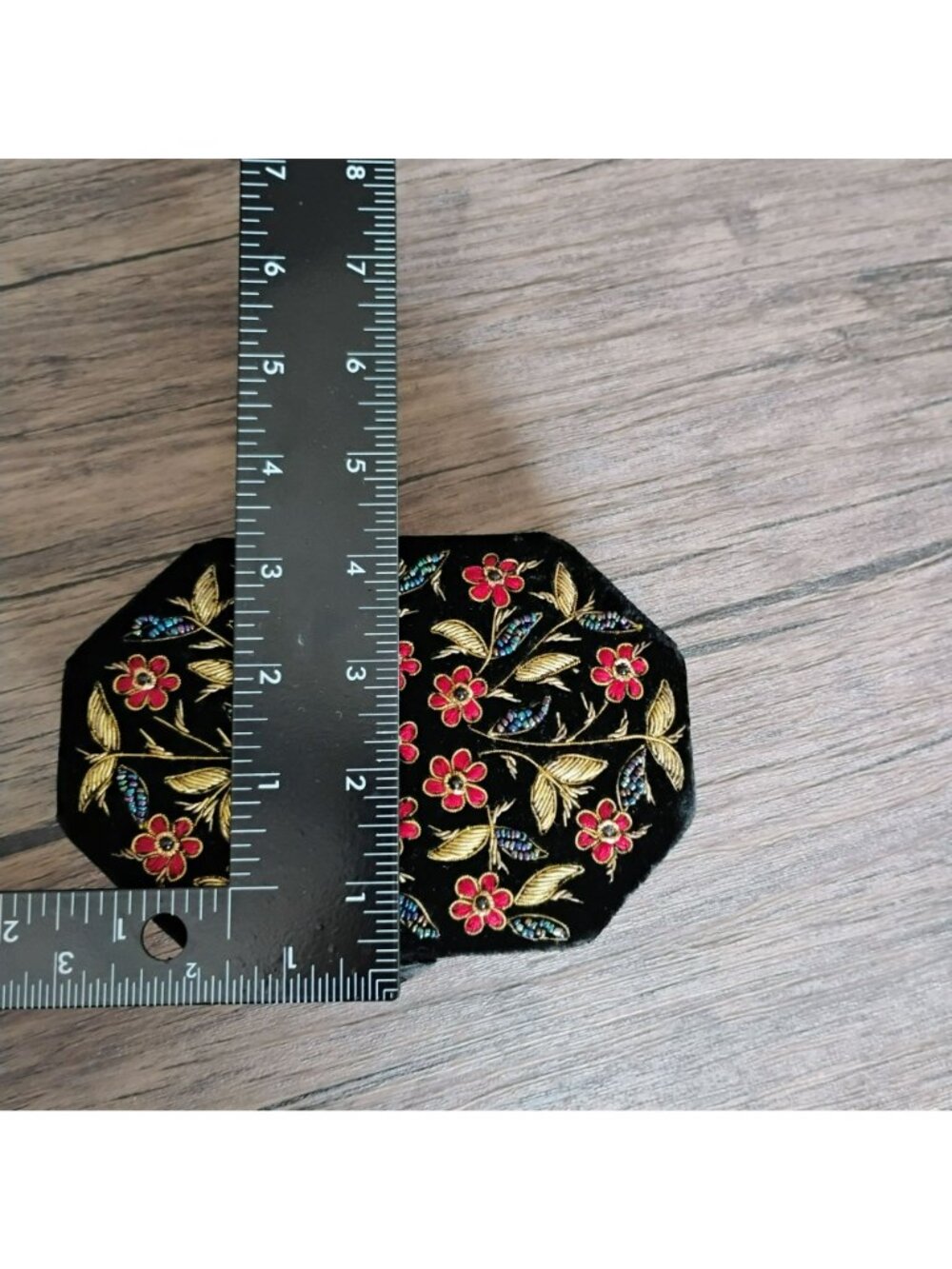 Vintage Indian Zardozi Embroidered Black Velvet Jewelry Box, 6" Octagon Boho - Picture 6 of 11